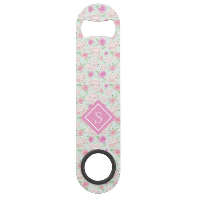 Shabby Chic Floral Tea Cups Monogram Bar Key (Front)