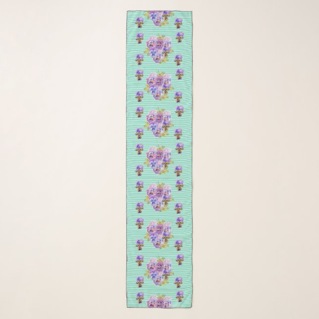 Shabby Chic Floral Watercolor Aqua Pansy Scarf (Front)