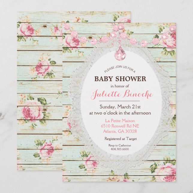 Shabby Chic Floral Wood Baby Shower Invitation (Front/Back)
