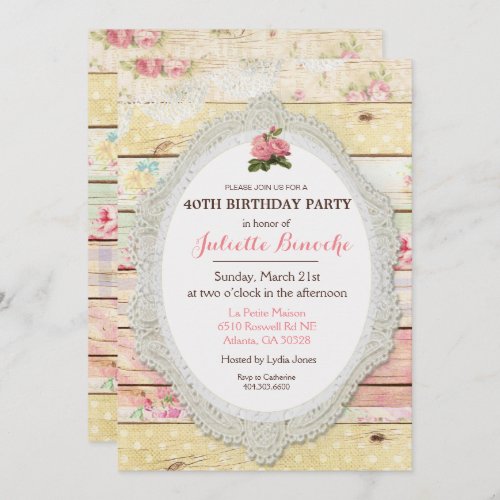 Shabby Chic Floral Wood Birthday Invitation