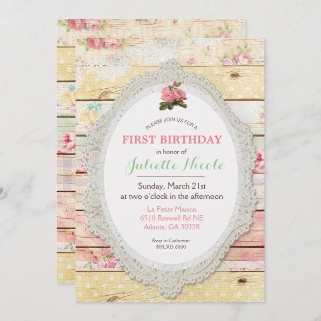Shabby Chic Floral Wood First Birthday Invitation (Front/Back)