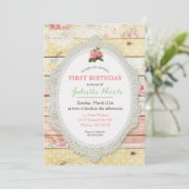 Shabby Chic Floral Wood First Birthday Invitation (Standing Front)