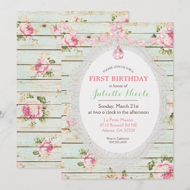 Shabby Chic Floral Wood First Birthday Invitation (Front/Back)