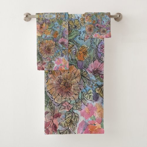 Shabby Chic Flower Garden Watercolor Painting  Bath Towel Set