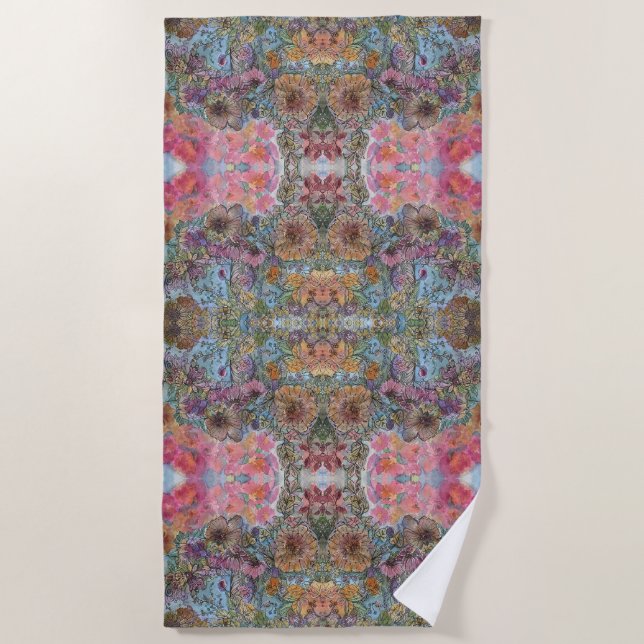 Shabby Chic Flower Garden Watercolor Painting  Beach Towel (Front)