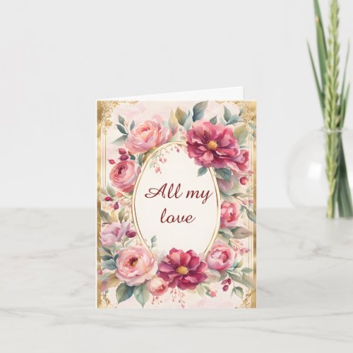 Shabby Chic Flowers Around a Gold Frame Valentine Holiday Card