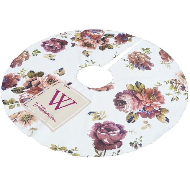Shabby Chic Flowers on White - Personalized Brushed Polyester Tree Skirt (Angled)
