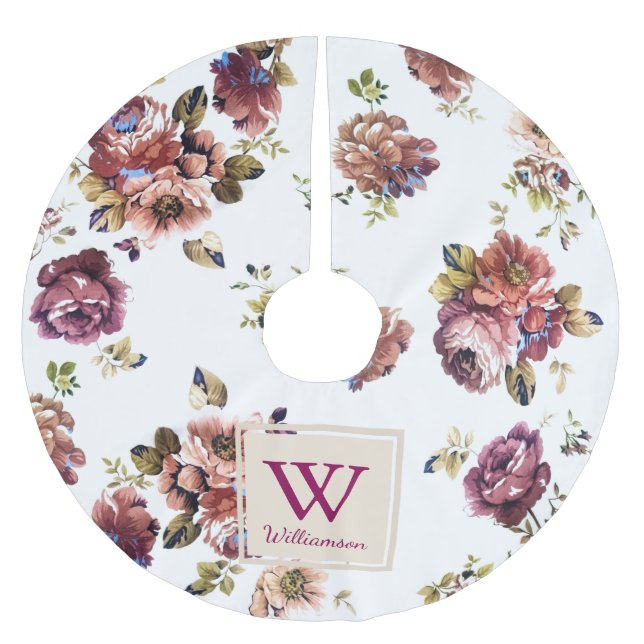 Shabby Chic Flowers on White - Personalized Brushed Polyester Tree Skirt (Front)