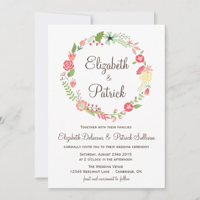 Shabby Chic Flowers Wreath Wedding Invitation (Front)