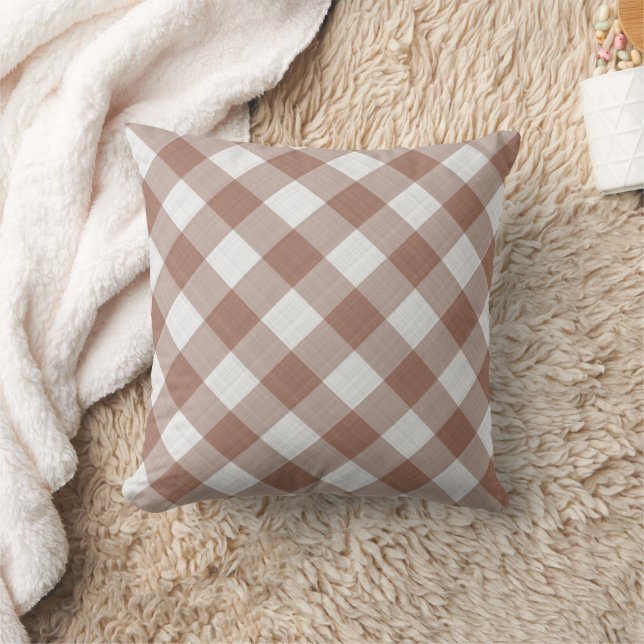 Shabby Chic French Brown White Check Pattern Throw Pillow (Blanket)