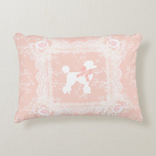 Shabby Chic French Poodle Vintage Lace Accent Pillow (Front)