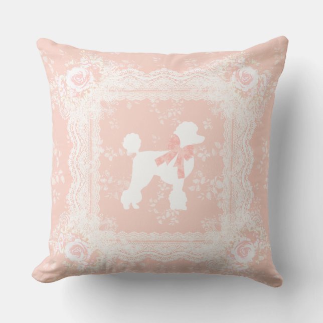 Shabby Chic French Poodle Vintage Lace Throw Pillow (Front)
