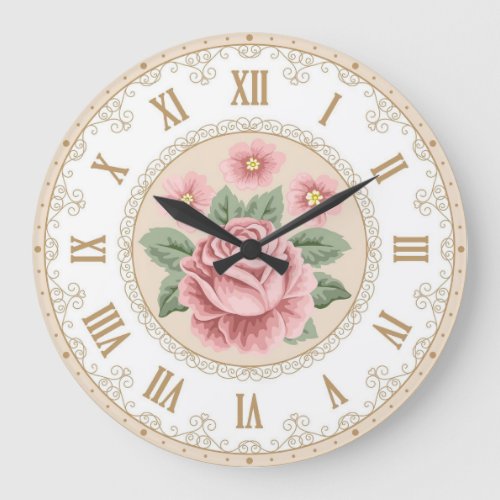 Shabby Chic French Vintage Almond Pastel Pink Rose Large Clock