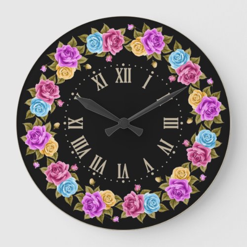 Shabby Chic French Vintage Black Colorful Roses Large Clock