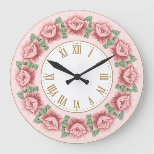 Shabby Chic French Vintage Dusty Rose Floral Large Clock