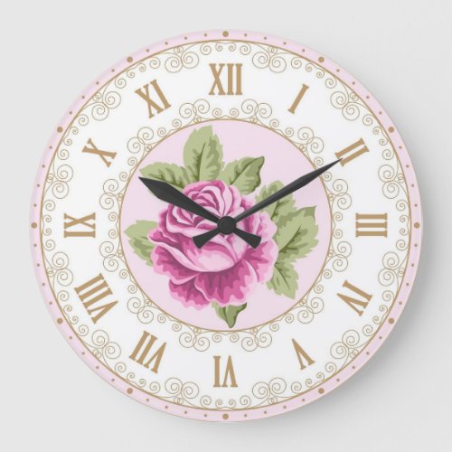 Shabby Chic French Vintage Gold Magenta Pink Rose  Large Clock