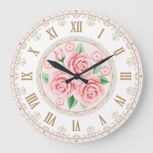 Shabby Chic French Vintage Gold Pearl Pink Roses  Large Clock