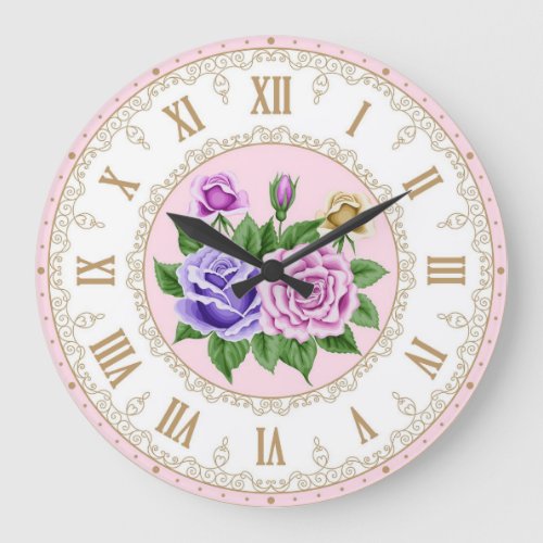 Shabby Chic French Vintage Gold Purple Indigo Rose Large Clock