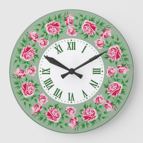 Shabby Chic French Vintage Green Red Roses  Large Clock