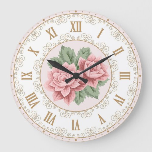 Shabby Chic French Vintage Rose Gold Pink Rose Large Clock