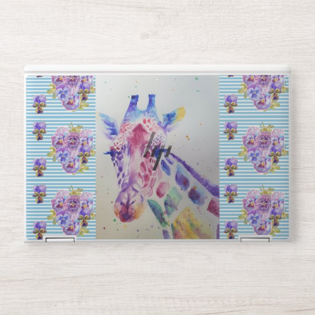 Shabby Chic Giraffe Floral Blue Stripe Laptop Skin (Front)