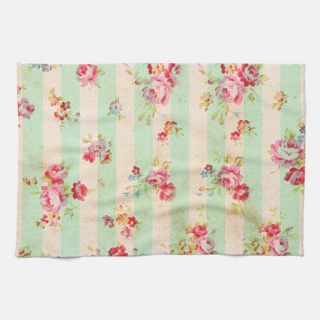Shabby Chic Girly Red Green Roses Stripes Pattern Towel (Horizontal)