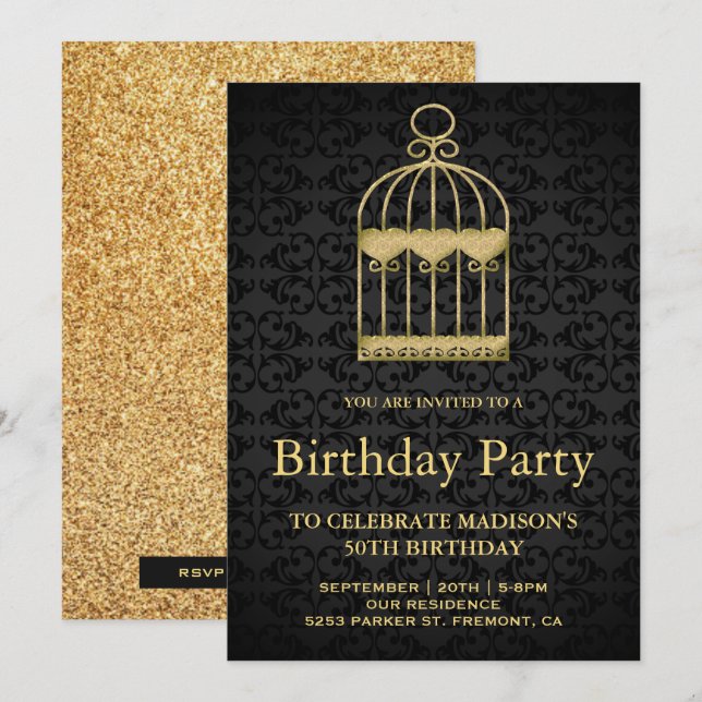 Shabby Chic Gold Birdcage Birthday Party Invitation (Front/Back)