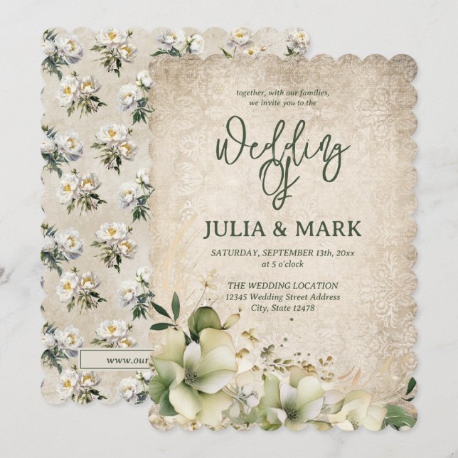 Shabby Chic Green And Beige Floral Wedding  Invitation (Front/Back)