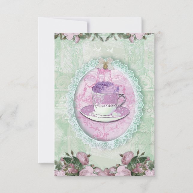 Shabby Chic Green and lilac "Tea Party" Invitation (Front)