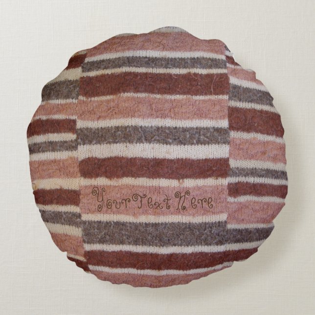 shabby chic hand knitted brown biege striped fun round pillow (Back)