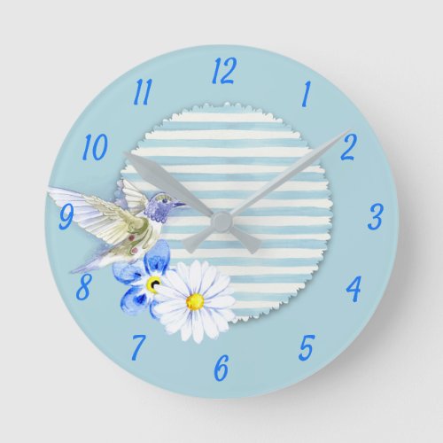 Shabby Chic Hummingbird Shades of Blue Round Clock