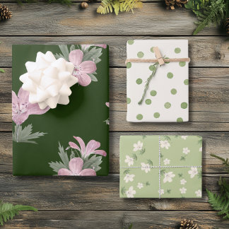 Shabby Chic Hunter Green Pink Floral Cottagecore  Wrapping Paper Sheets