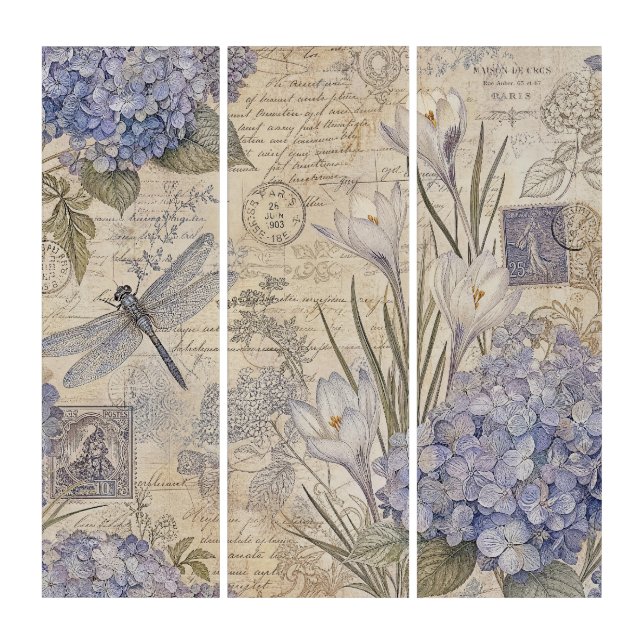 Shabby Chic Hydrangeas and Dragonfly Triptych (Front)