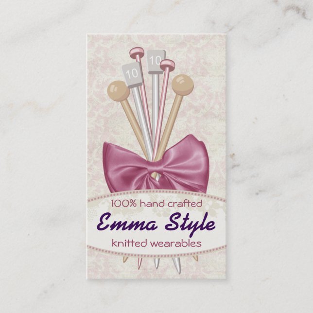 Shabby chic knitting needles bow damask business card (Front)