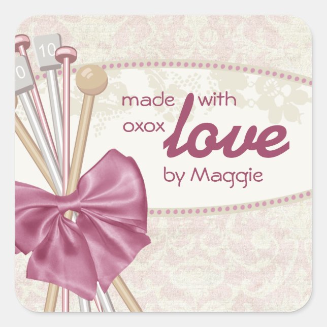 Shabby chic knitting needles bow damask square sticker (Front)
