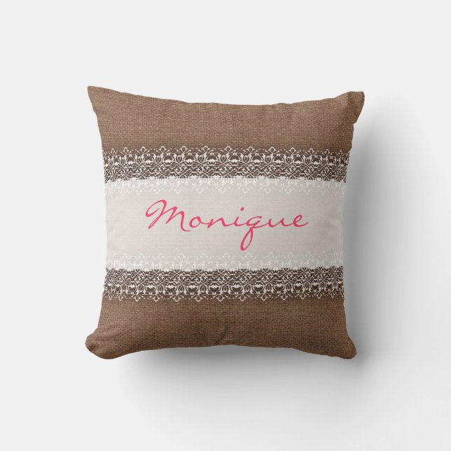 Shabby Chic Lace on Rustic Burlap - Pink Monogram Throw Pillow (Front)
