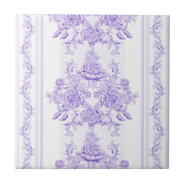 Shabby chic,lavender,toile,pattern,floral,Victoria Ceramic Tile (Front)