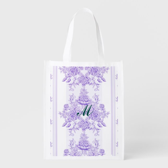 Shabby chic,lavender,toile,pattern,floral,Victoria Grocery Bag (Front)