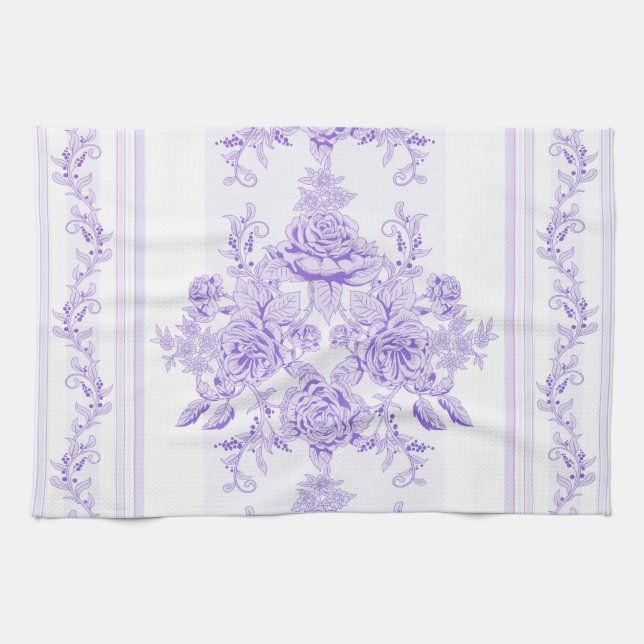 Shabby chic,lavender,toile,pattern,floral,Victoria Kitchen Towel (Horizontal)
