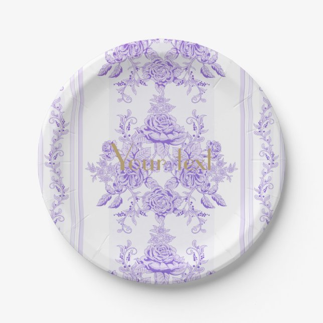 Shabby chic,lavender,toile,pattern,floral,Victoria Paper Plates (Front)