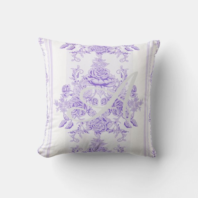Shabby chic,lavender,toile,pattern,floral,Victoria Throw Pillow (Front)