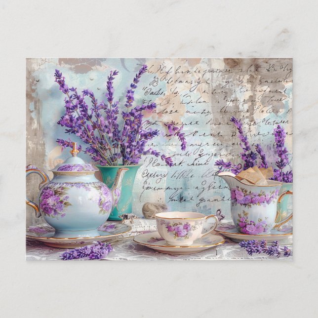 shabby chic Lavender with Classic Tea Service Postcard (Front)