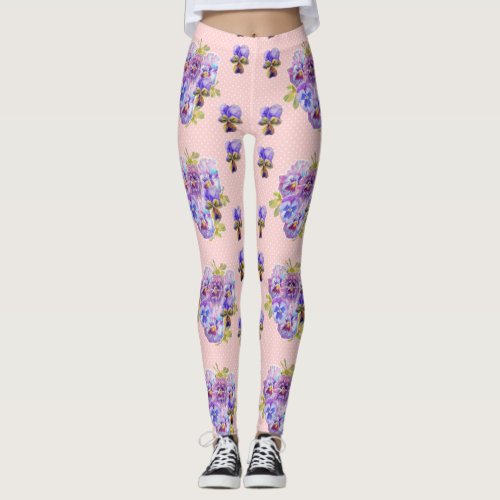 Shabby Chic Light Pink Dot Pansy Floral Leggings