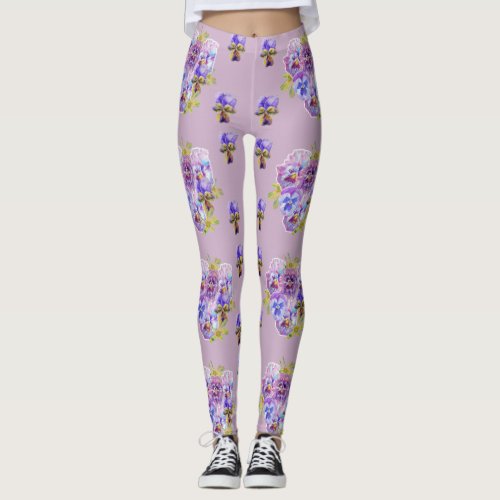Shabby Chic Lilac Purple Pansy Floral Leggings