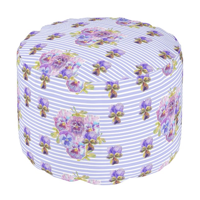 Shabby Chic Lilac Purple Stripe Floral Flowers Pouf (Angled Back)