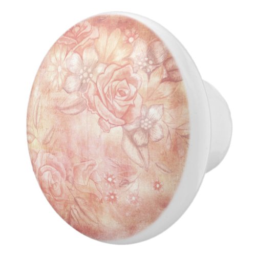 Shabby Chic Look Pink  Peach Floral Decoupage Ceramic Knob