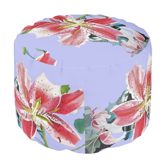 Shabby Chic Mauve Purple Lily Floral art Pouffe Pouf (Angled Front)