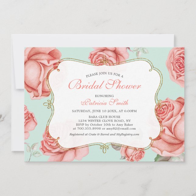 Shabby Chic Mint & Coral Bridal Shower Invitation (Front)