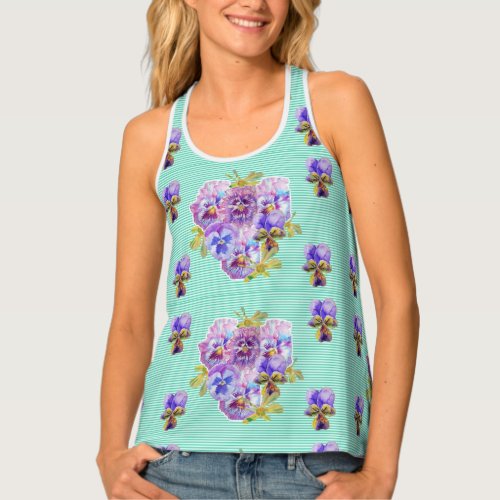 Shabby Chic Mint Pansy Floral Ladies Top Singlet