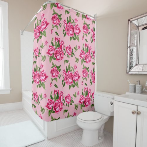 Shabby Chic Monogram Pink Roses Bath Shower Curtain